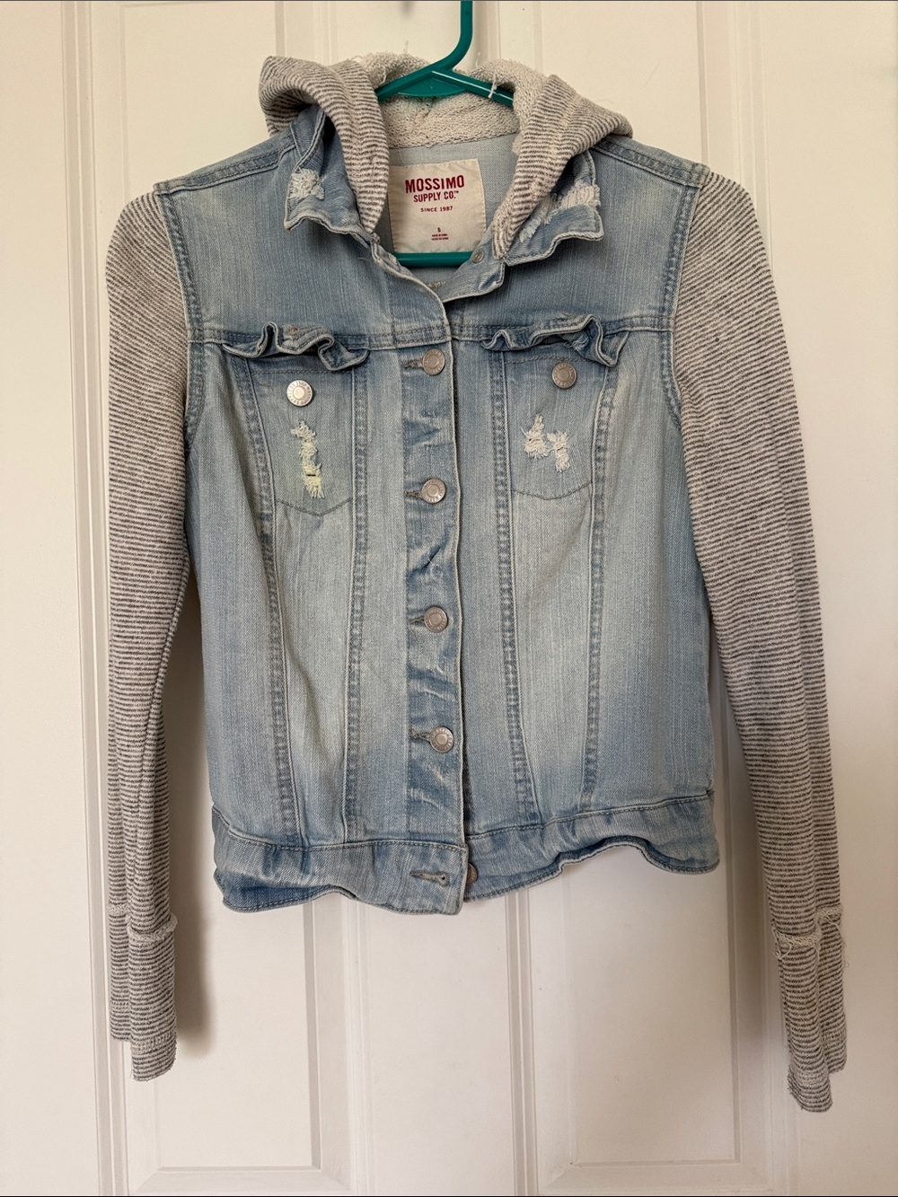 Mossimo Supply Co. Light Wash Denim Jacket with Gray Knit Hood & Sleeves